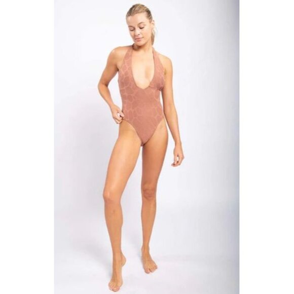 Monob Halter V-Neck Brown Giraffe Print One-Piece Swimsuit Nylon/Spandex Nude L - Picture 3 of 12